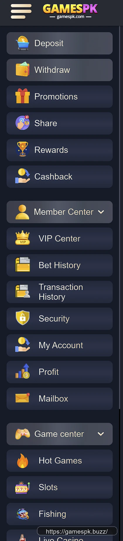 GamesPK account sidebar showing Deposit, Withdraw, Promotions, Share, Rewards, Cashback, VIP Center and more