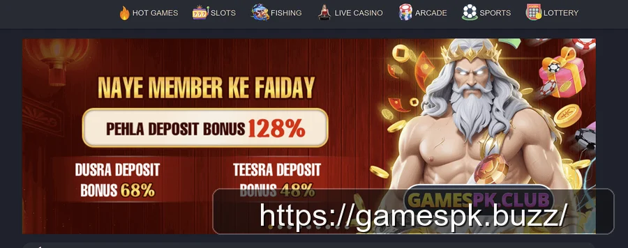 GamesPK new member banner showing Pehla Deposit Bonus 128 percent, Dusra Deposit Bonus 68 percent, Teesra Deposit Bonus 48 percent
