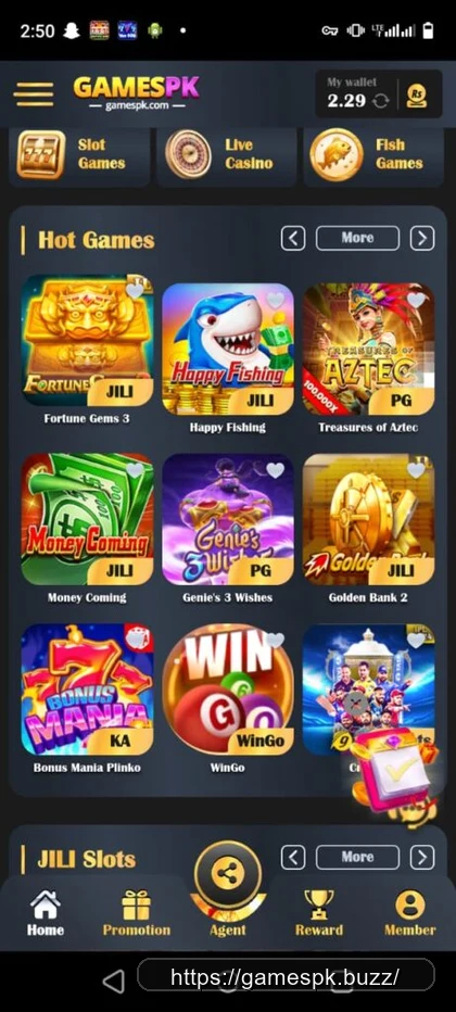 GamesPK mobile lobby Hot Games section showing Fortune Gems 3, Happy Fishing, Treasures of Aztec, Money Coming, Genie's 3 Wishes, Golden Bank 2 and Bonus Mania Plinko