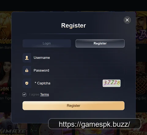GamesPK Register popup with Username, Password, Captcha fields and Terms checkbox